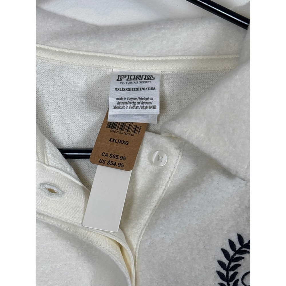 PINK Victoria Secret White Fleece Cropped Pullover Sweatshirt Striped Sleeve XXL - Picture 2 of 5